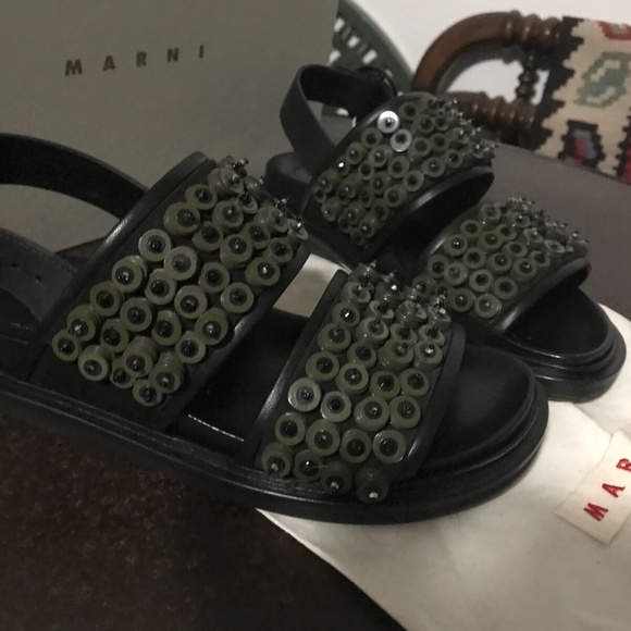 MARNI FUSSBETT Olive Green Rubber Studded Black Leather Sandals 37.5 - Picture 6 of 8